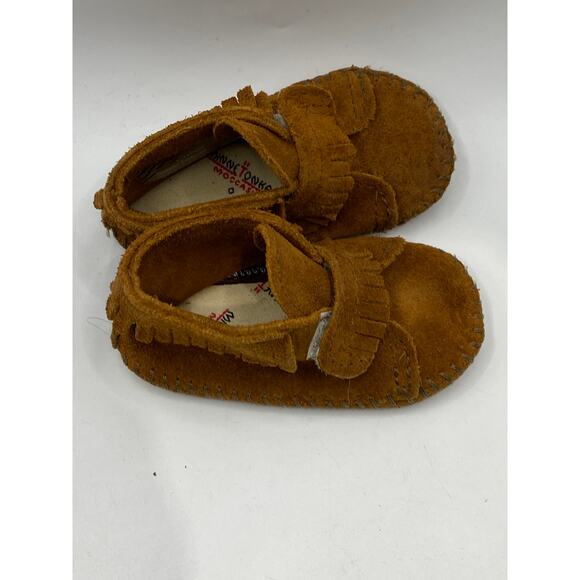 MINNETONKA Infant Girls' Brown Leather Pull-On Moccasin Shoes SZ 3 - Picture 3 of 10